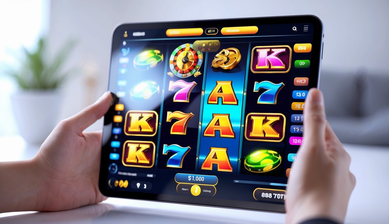 Tampilan perangkat digital yang menampilkan permainan slot online dengan simbol berwarna-warni yang bergerak secara real-time.