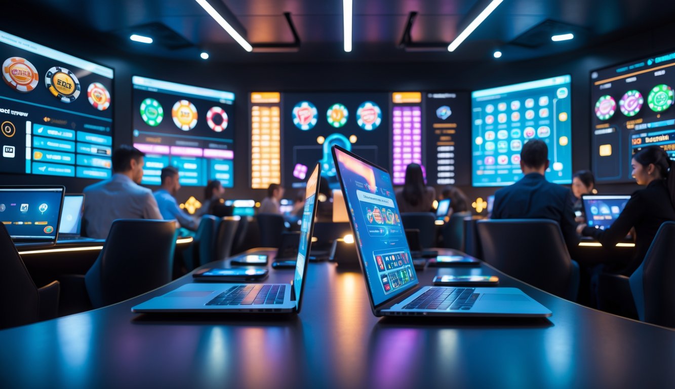 Beberapa orang menggunakan perangkat digital untuk bermain berbagai permainan judi online di ruangan modern dengan layar besar menampilkan permainan kasino dan taruhan olahraga.