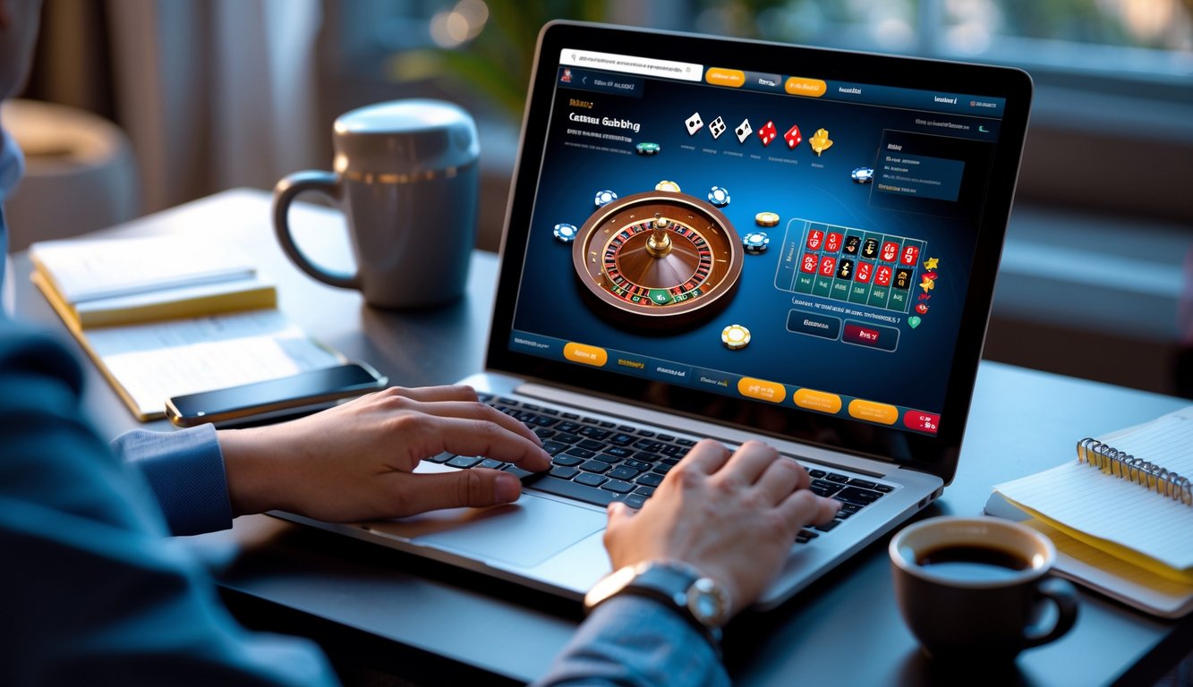 Seorang pengguna duduk di depan laptop dengan tampilan permainan kasino online, dikelilingi oleh catatan dan ponsel di meja kerja.