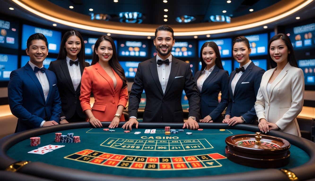 Seorang dealer profesional di meja kasino dengan peralatan permainan kasino dan layar latar belakang studio kasino modern.