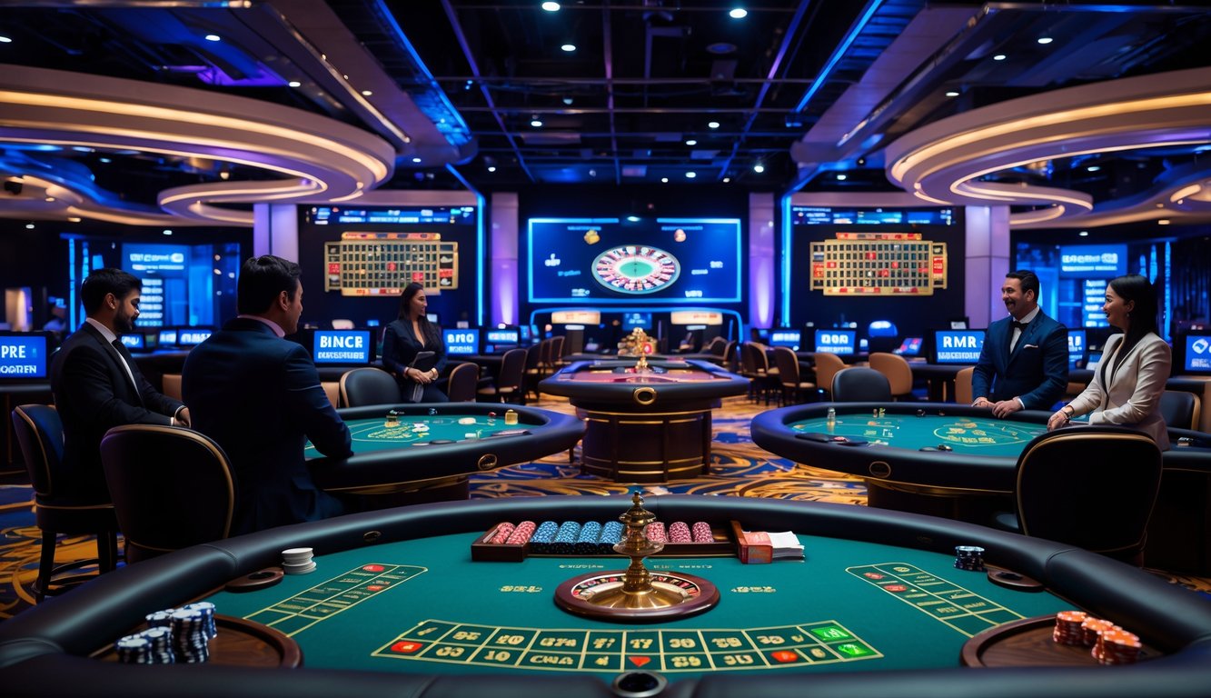 Suasana kasino langsung online dengan beberapa meja permainan dan dealer yang melayani pemain melalui layar video.