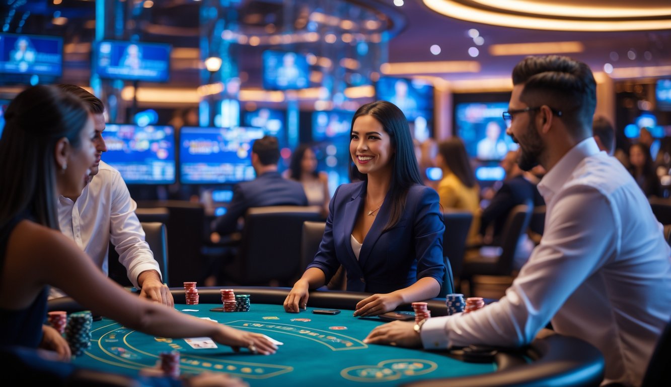 Seorang dealer kasino wanita sedang mengelola permainan langsung dengan pemain yang terlihat antusias di meja kasino modern.