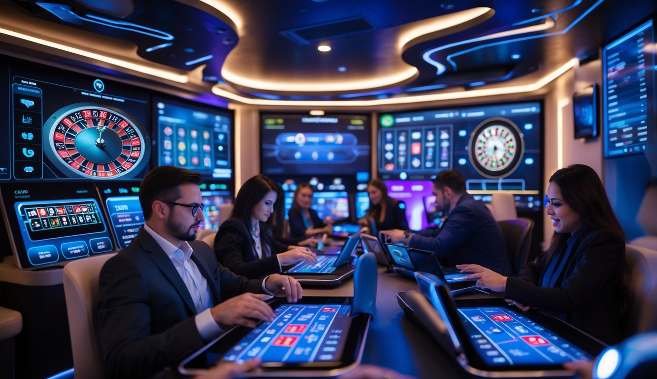 Suasana kasino online langsung dengan pemain yang fokus menggunakan perangkat mereka di lingkungan modern dan berteknologi tinggi.