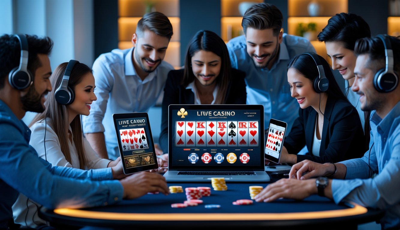 Sekelompok orang berbeda usia dan latar belakang sedang bermain permainan kasino langsung secara online menggunakan berbagai perangkat digital di lingkungan rumah atau kantor yang nyaman.