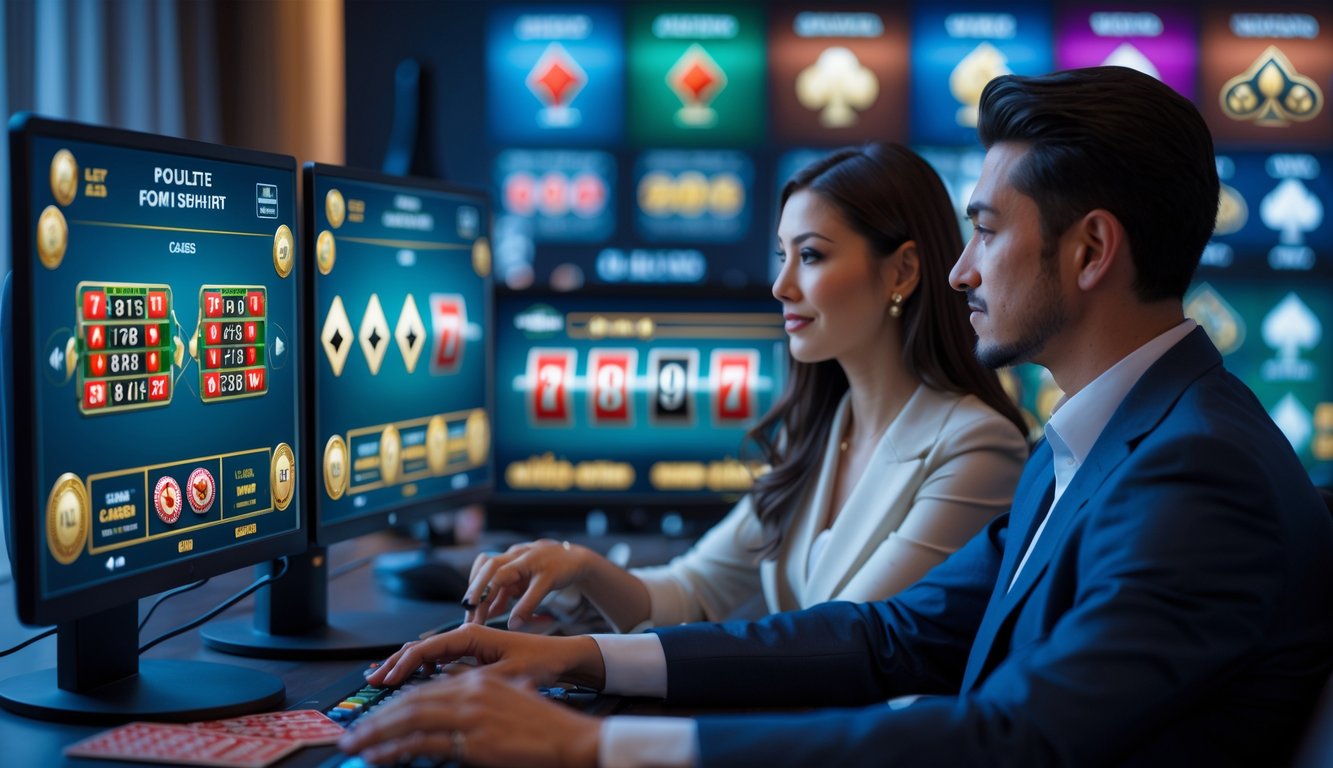 Dua orang bermain kasino online secara serius di depan beberapa monitor komputer dengan permainan kasino langsung di layar.