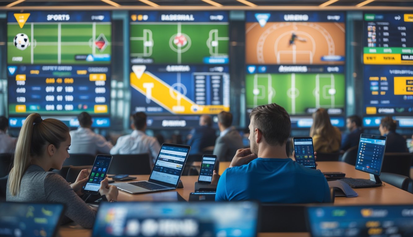 Orang-orang menggunakan perangkat digital untuk taruhan olahraga di ruang modern dengan layar besar yang menampilkan pertandingan olahraga.