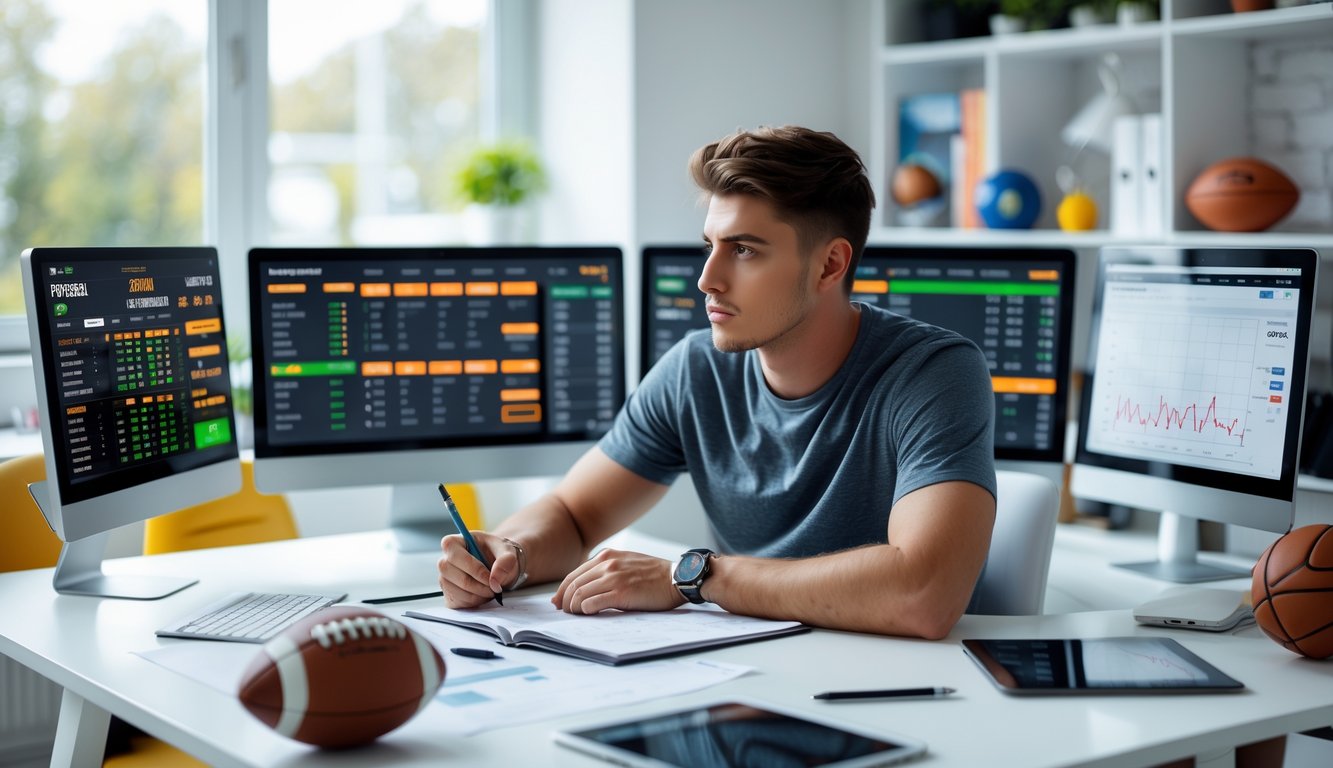 Seorang pria muda duduk di meja kerja dengan beberapa layar komputer menampilkan data taruhan olahraga, sedang menganalisis dan mencatat strategi taruhan.