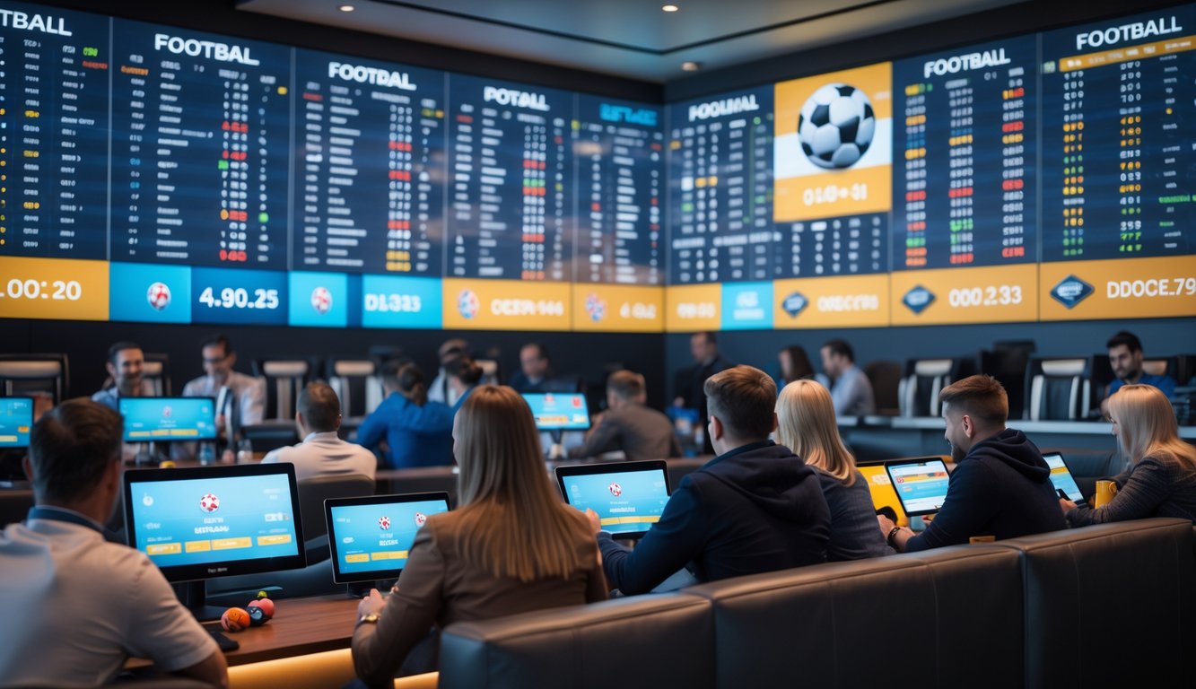 Orang-orang di ruang olahraga modern yang menonton jadwal pertandingan sepak bola lengkap di layar digital besar sambil menggunakan perangkat elektronik.