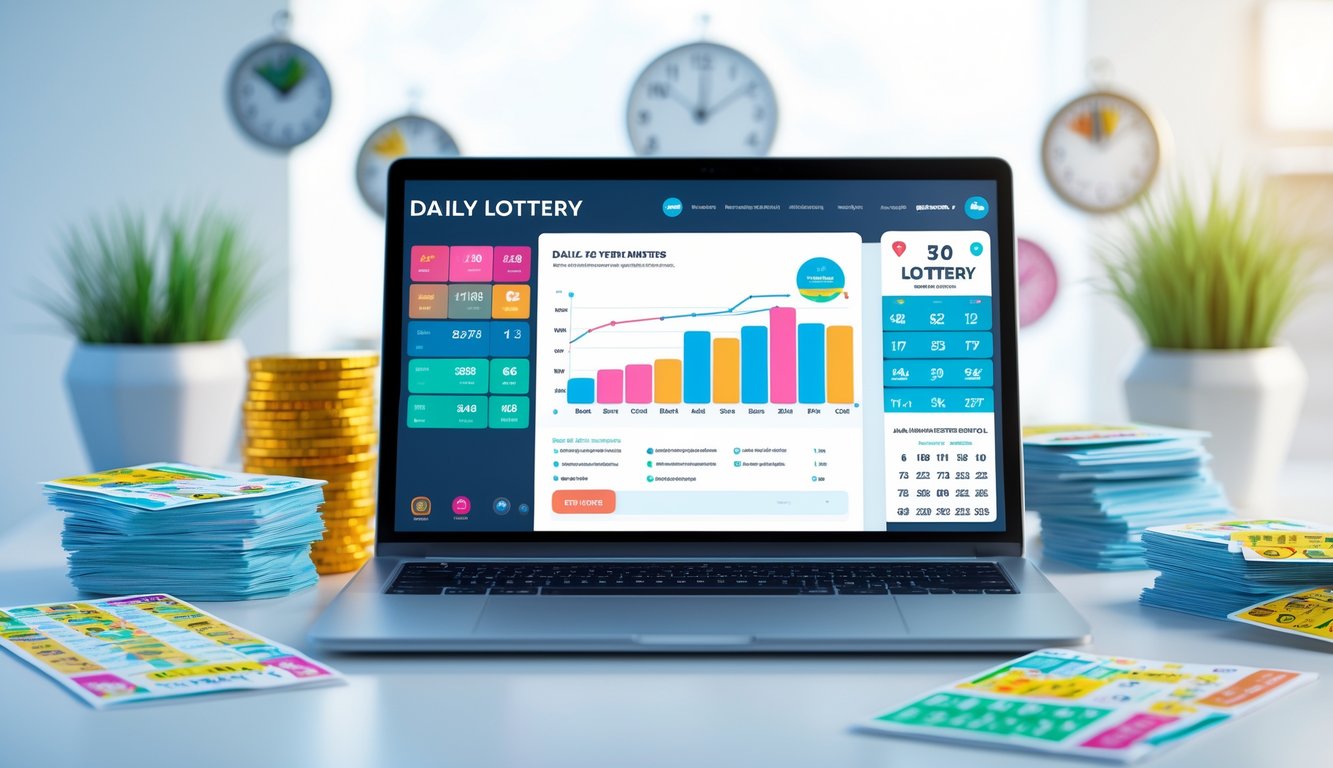 Seorang pria menggunakan laptop di meja dengan tampilan antarmuka lotere digital dan elemen kalender serta tiket lotere di sekitarnya.