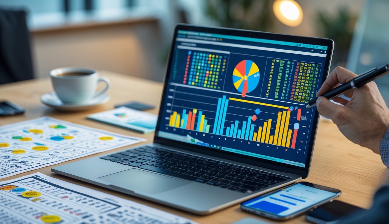 Meja kerja dengan laptop yang menampilkan grafik dan data angka, serta tangan menunjuk ke layar dengan pena, menunjukkan analisis pola dan statistik togel online.