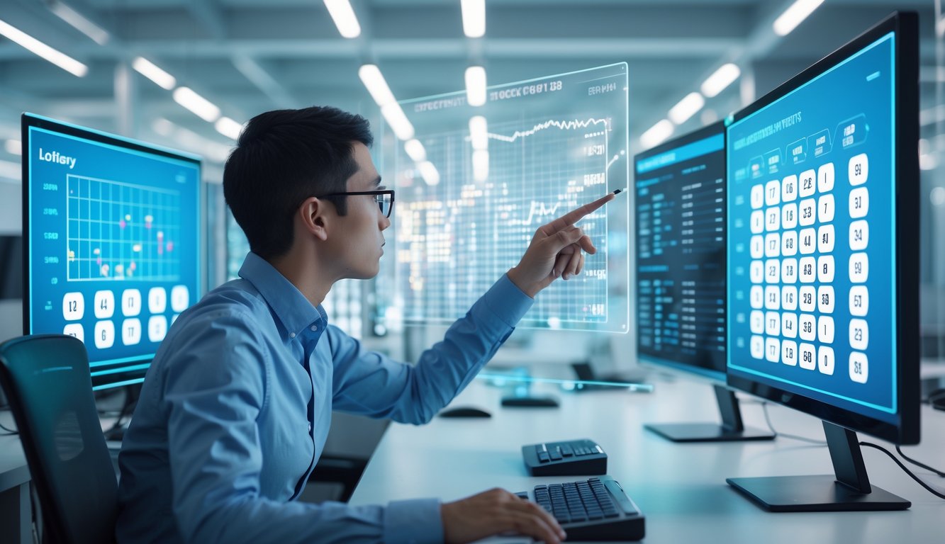 Seseorang sedang menganalisis data dan pola angka di beberapa layar komputer di ruang kantor modern.