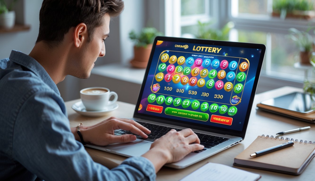Seorang pemula sedang menggunakan laptop untuk bermain permainan togel online di meja kerja yang rapi dengan secangkir kopi dan ponsel di sampingnya.