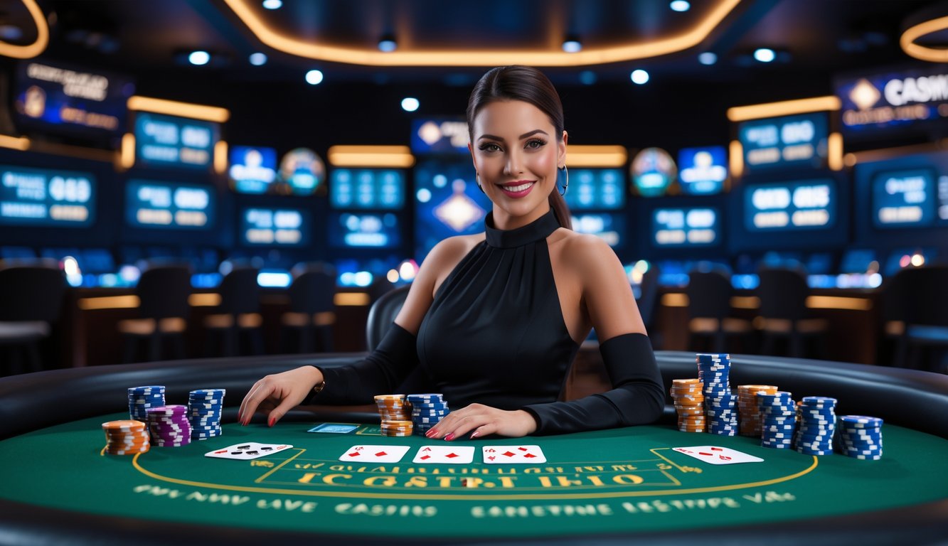 Seorang dealer wanita profesional duduk di meja kasino dengan kartu dan chip, di studio kasino modern dengan layar dan pencahayaan yang menonjolkan suasana permainan langsung.