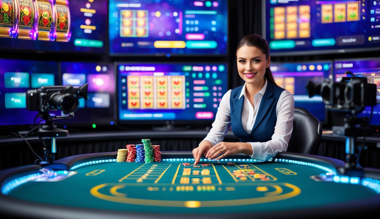 Seorang dealer kasino langsung yang tersenyum di meja kasino dengan beberapa monitor besar di latar belakang menampilkan permainan kasino online.