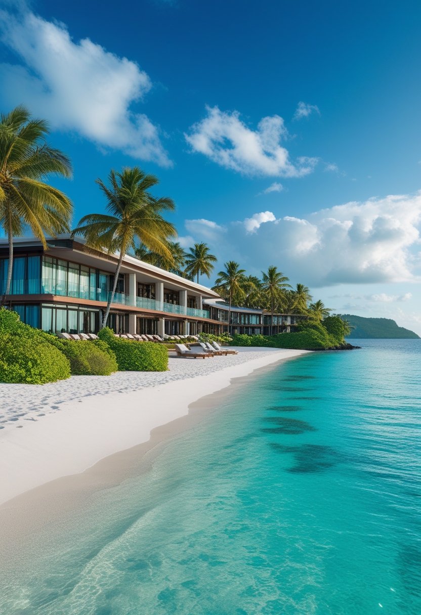 Vue d'un hôtel de luxe en bord de mer sur l'île de Mahé aux Seychelles avec une plage de sable blanc, des palmiers et une mer turquoise.