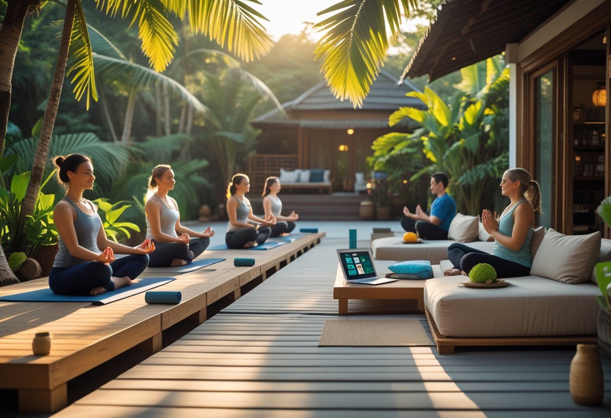 Eine Gruppe von Menschen praktiziert Yoga im Freien in einer ruhigen, grünen Umgebung mit Yoga-Matten und einer gemütlichen Lounge-Ecke neben einem Holzgebäude.