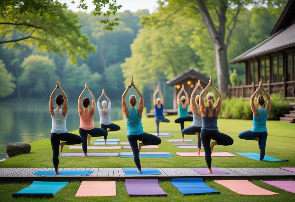 Eine Gruppe von Menschen praktiziert Yoga draußen in einer ruhigen, grünen Umgebung bei einem Yoga-Retreat.