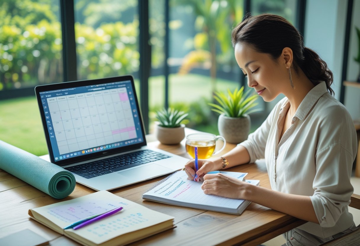 Person sitzt an einem hellen Schreibtisch mit Laptop und Notizbuch, umgeben von Yoga-Utensilien und Pflanzen, und plant ein Yoga-Retreat.