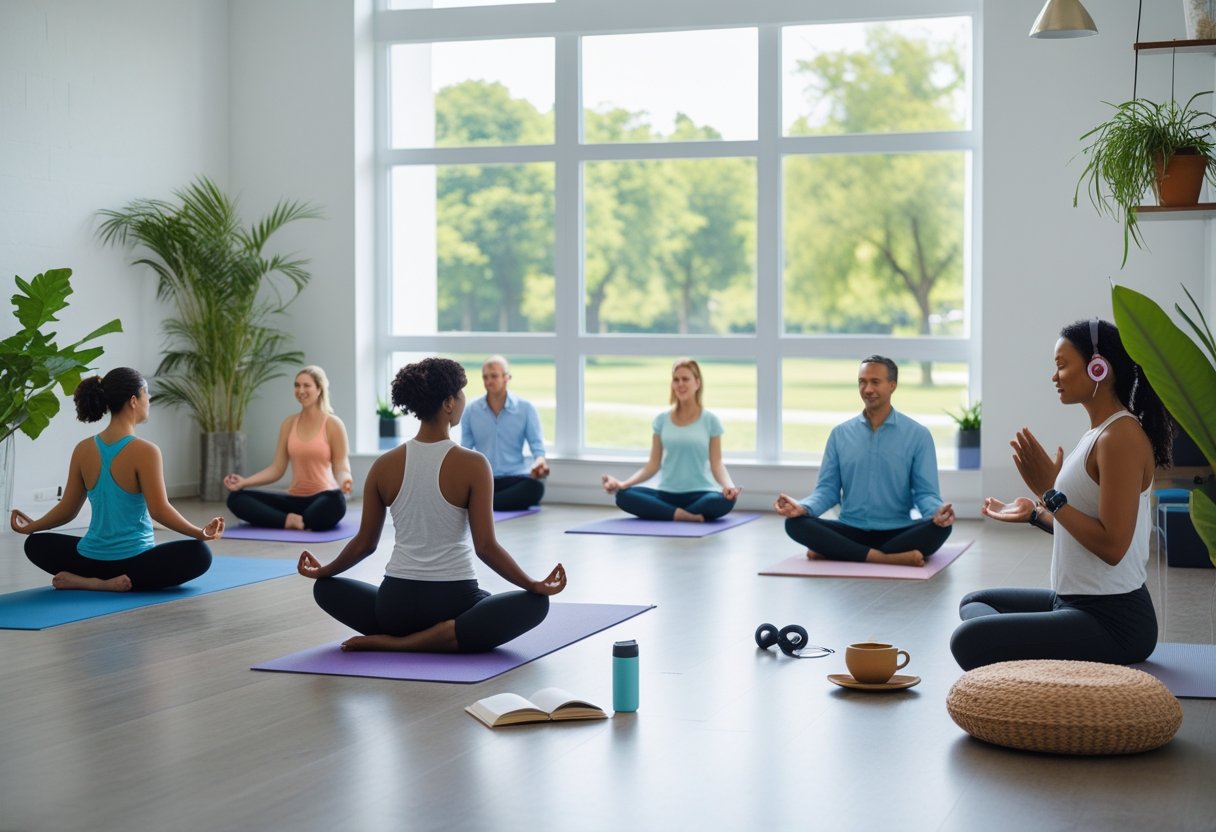 Mehrere Personen in einem hellen Raum und draußen, die verschiedene Entspannungs- und Achtsamkeitsübungen wie Yoga, Lesen, Spazierengehen und tiefes Atmen ausüben.