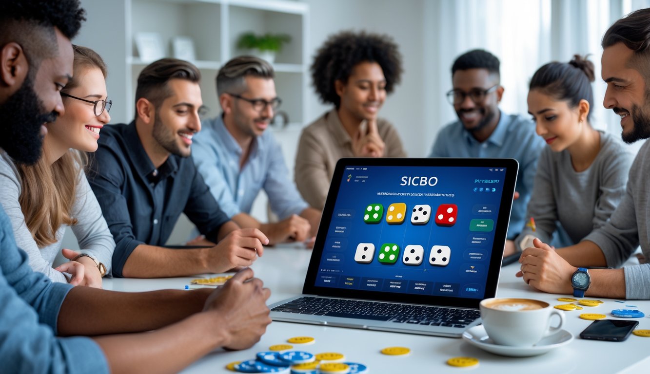 Beberapa orang bermain Sicbo online dengan perangkat digital di meja, fokus pada permainan dan suasana belajar.