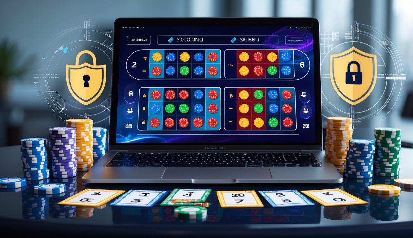 Seorang pengguna sedang bermain permainan Sicbo online di komputer dengan tampilan taruhan lengkap dan suasana yang profesional.