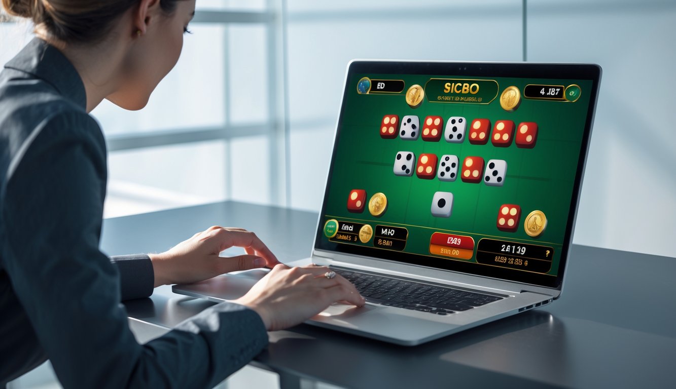 Seseorang menggunakan komputer dengan tampilan permainan Sicbo online dan hasil langsung real-time di layar.