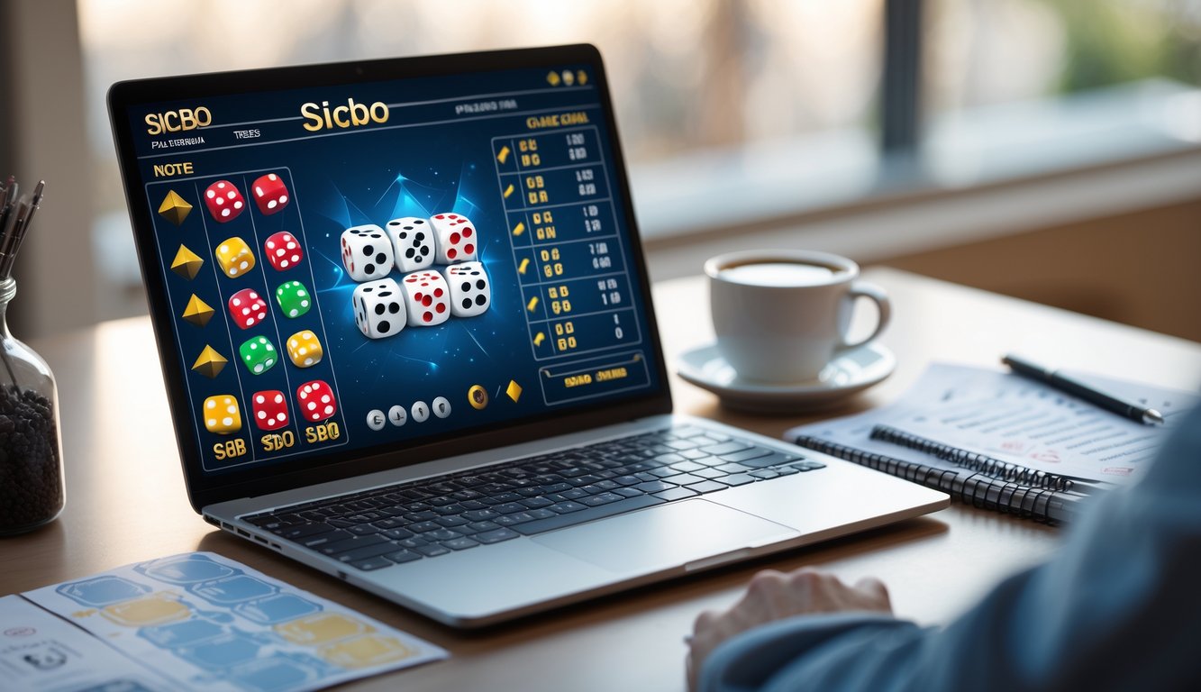 Seorang pemain sedang menggunakan laptop dengan tampilan permainan Sicbo online dan catatan strategi di meja, suasana fokus dan teratur.