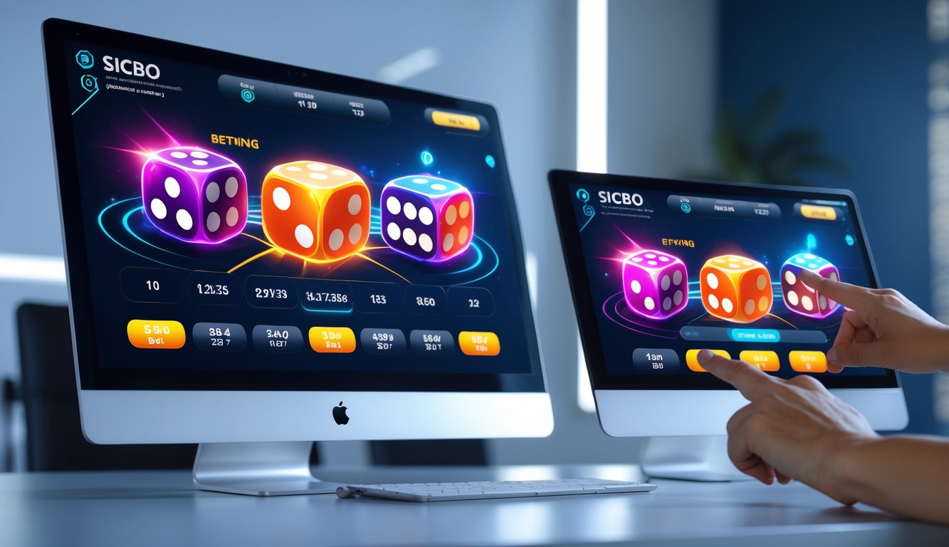 Tampilan antarmuka permainan Sicbo online yang modern dan interaktif di komputer dan ponsel dengan seseorang menggunakan perangkat tersebut.