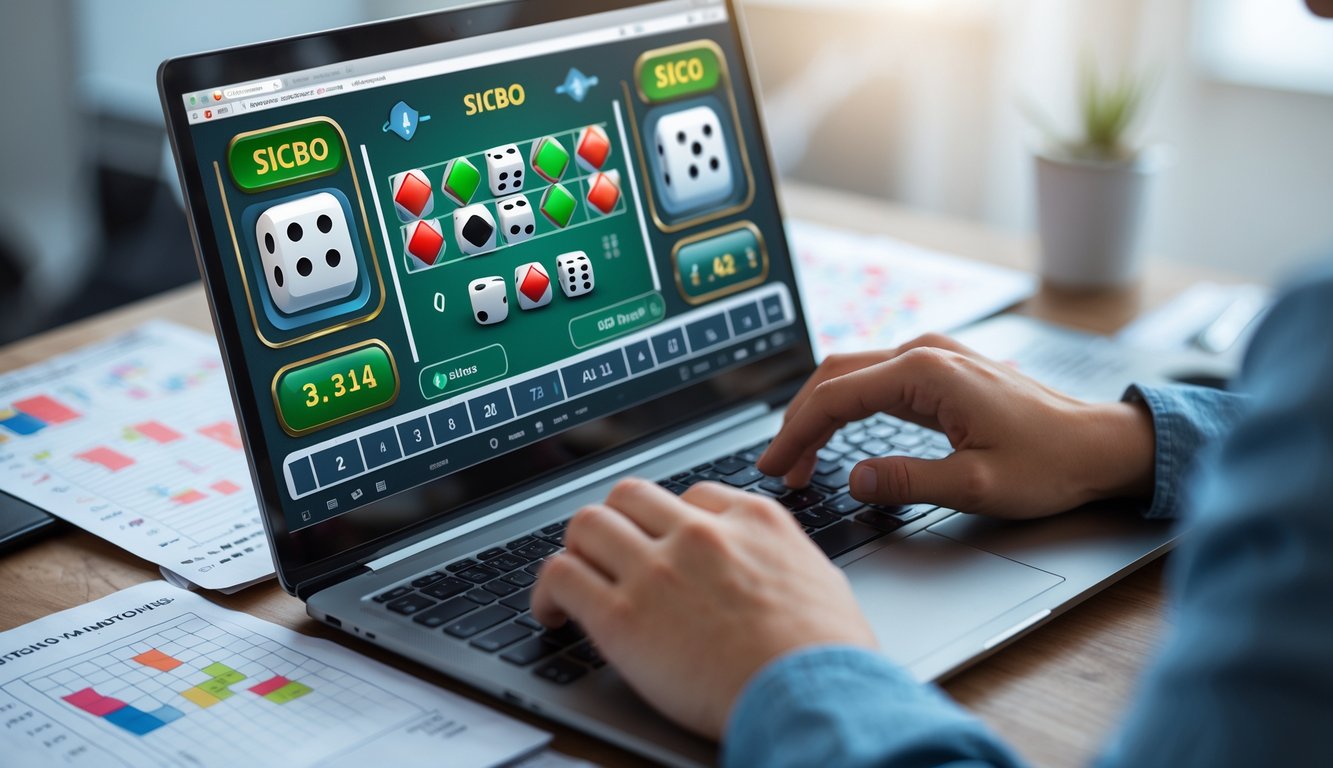 Seseorang menggunakan laptop dengan tampilan permainan Sicbo online dan catatan strategi di meja kerja.