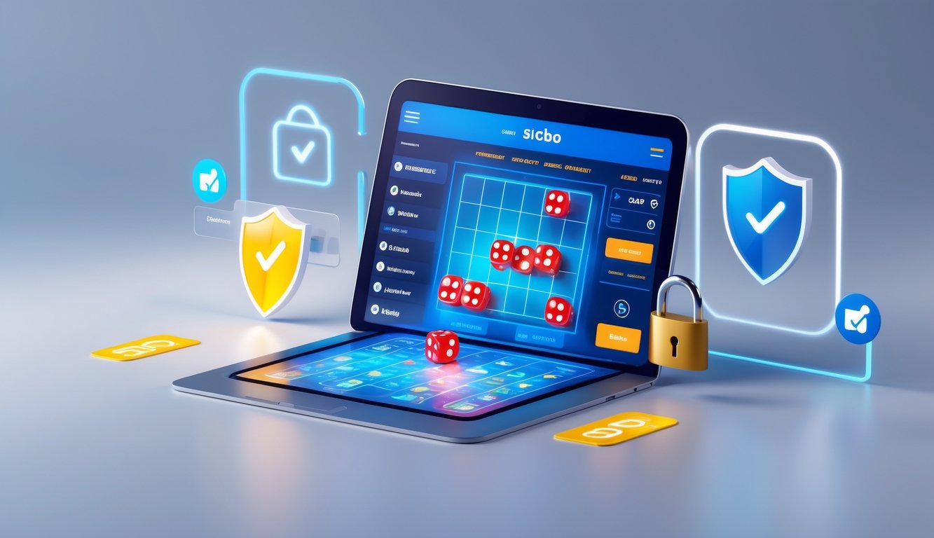 Layar perangkat digital menampilkan permainan Sicbo online dengan simbol keamanan seperti perisai dan gembok di latar belakang.