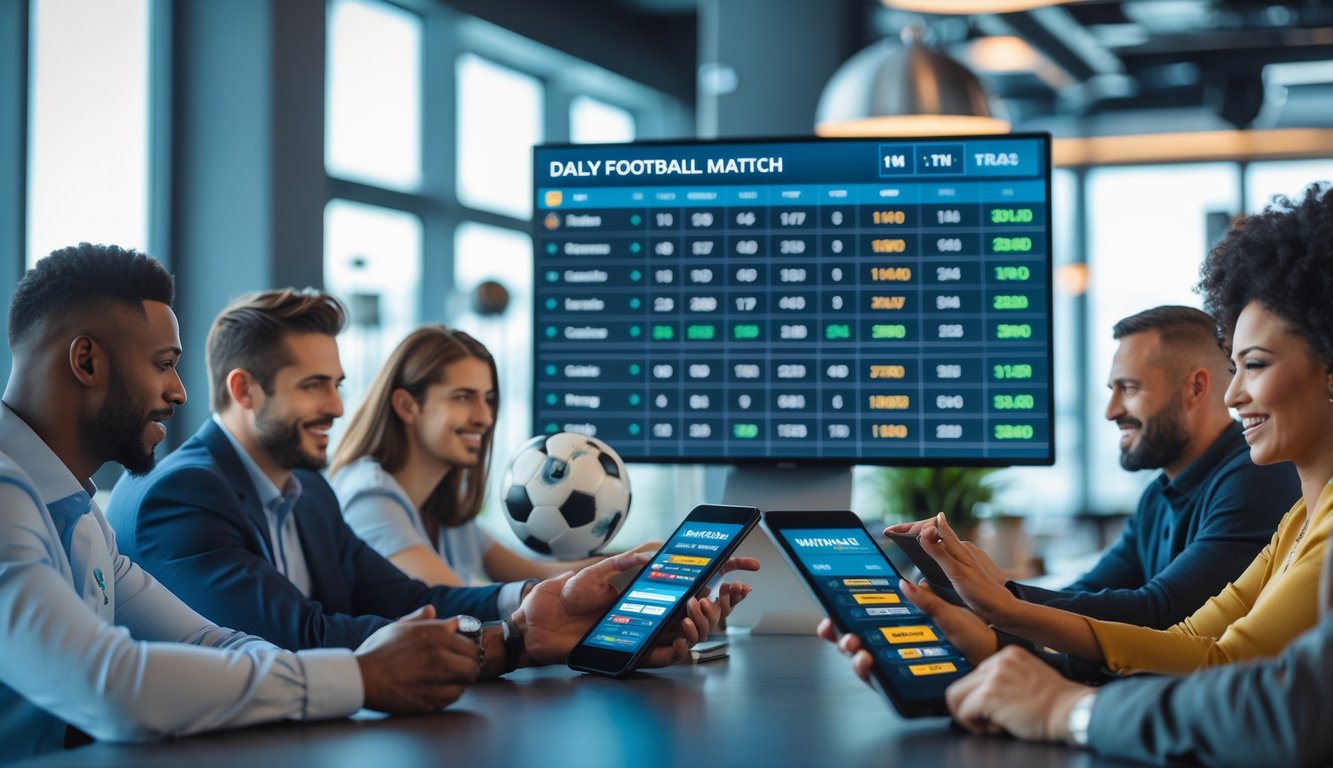 Orang-orang yang sedang melihat jadwal pertandingan sepak bola harian dan menggunakan perangkat digital di ruang modern.