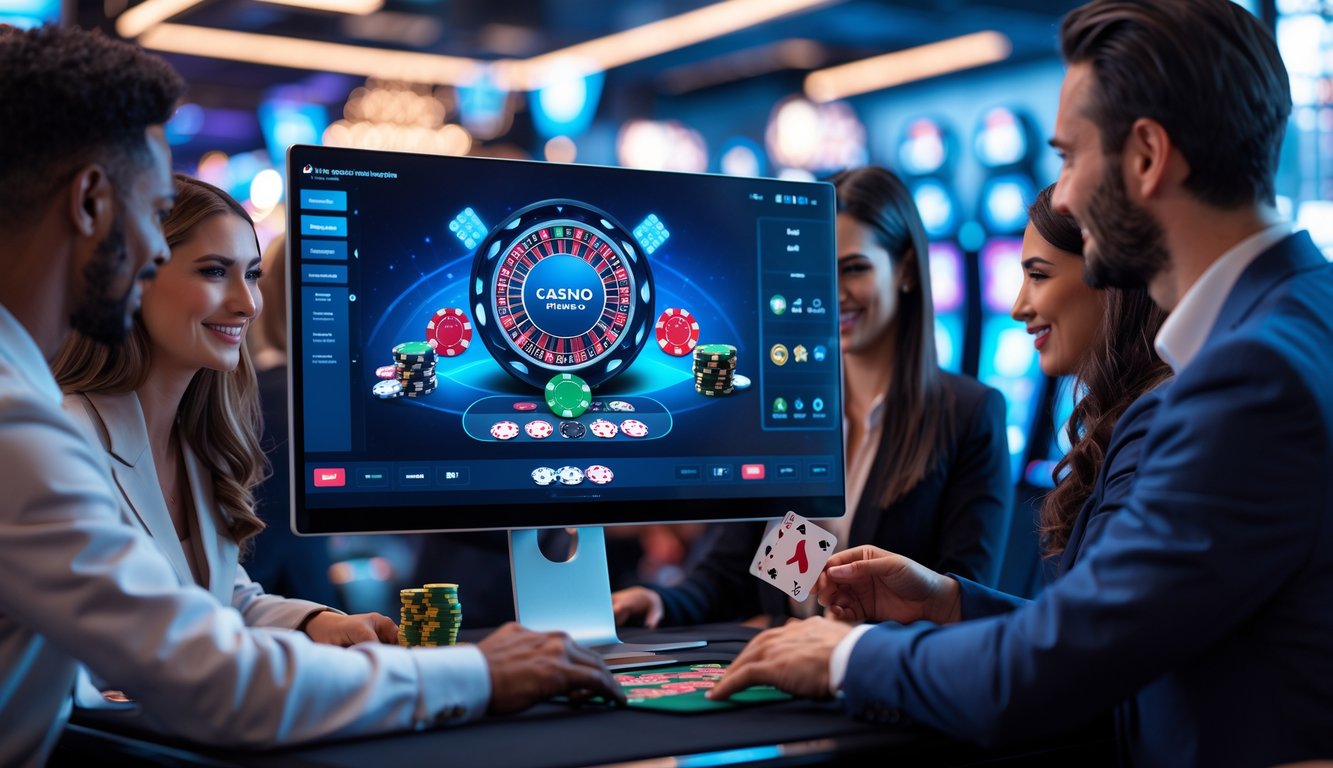 Orang-orang bermain kasino online dengan dealer langsung di layar komputer dalam suasana modern dan cerah.