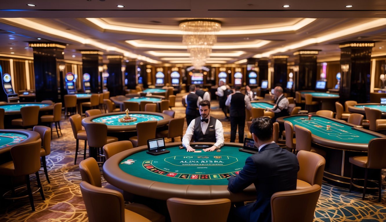 Suasana kasino langsung online dengan beberapa meja permainan lengkap dan dealer yang sedang bekerja.