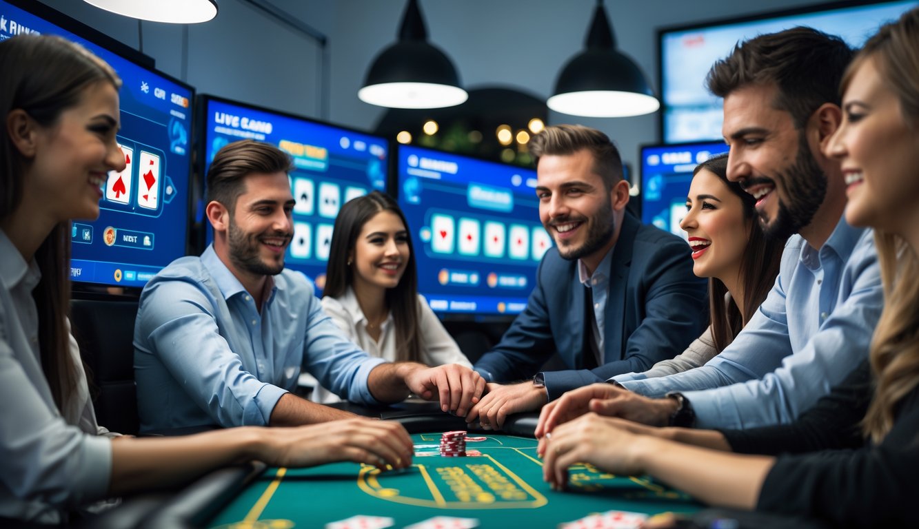 Sekelompok orang bermain permainan kasino langsung secara online di lingkungan rumah atau kantor dengan layar komputer dan perangkat digital.
