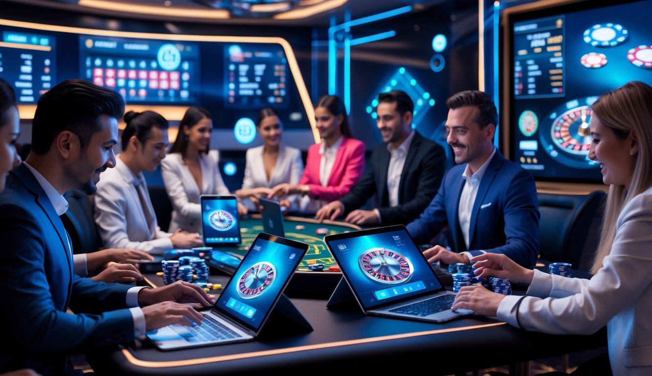 Beberapa pemain sedang bermain di meja kasino online dengan perangkat digital di ruangan kasino modern.