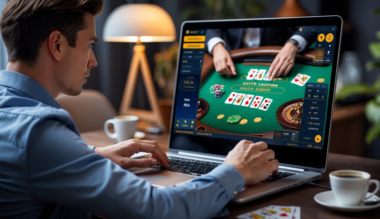 Seorang dewasa muda sedang bermain kasino langsung online di komputer dengan suasana nyaman di rumah.