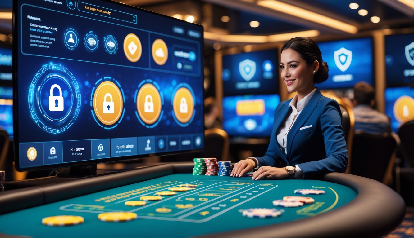 Seorang dealer kasino langsung di depan meja dengan kartu dan chip, dikelilingi oleh layar yang menunjukkan simbol keamanan dan enkripsi.