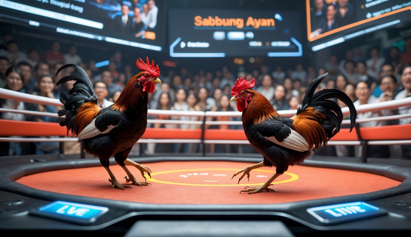Dua ayam jago sedang bertarung di arena sabung ayam dengan penonton menonton di layar besar.