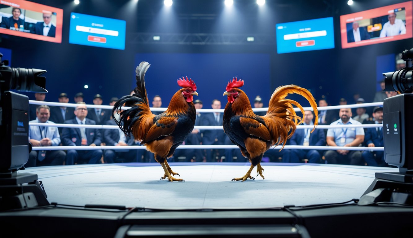 Dua ayam bertarung di arena resmi dengan penonton menonton melalui perangkat digital.