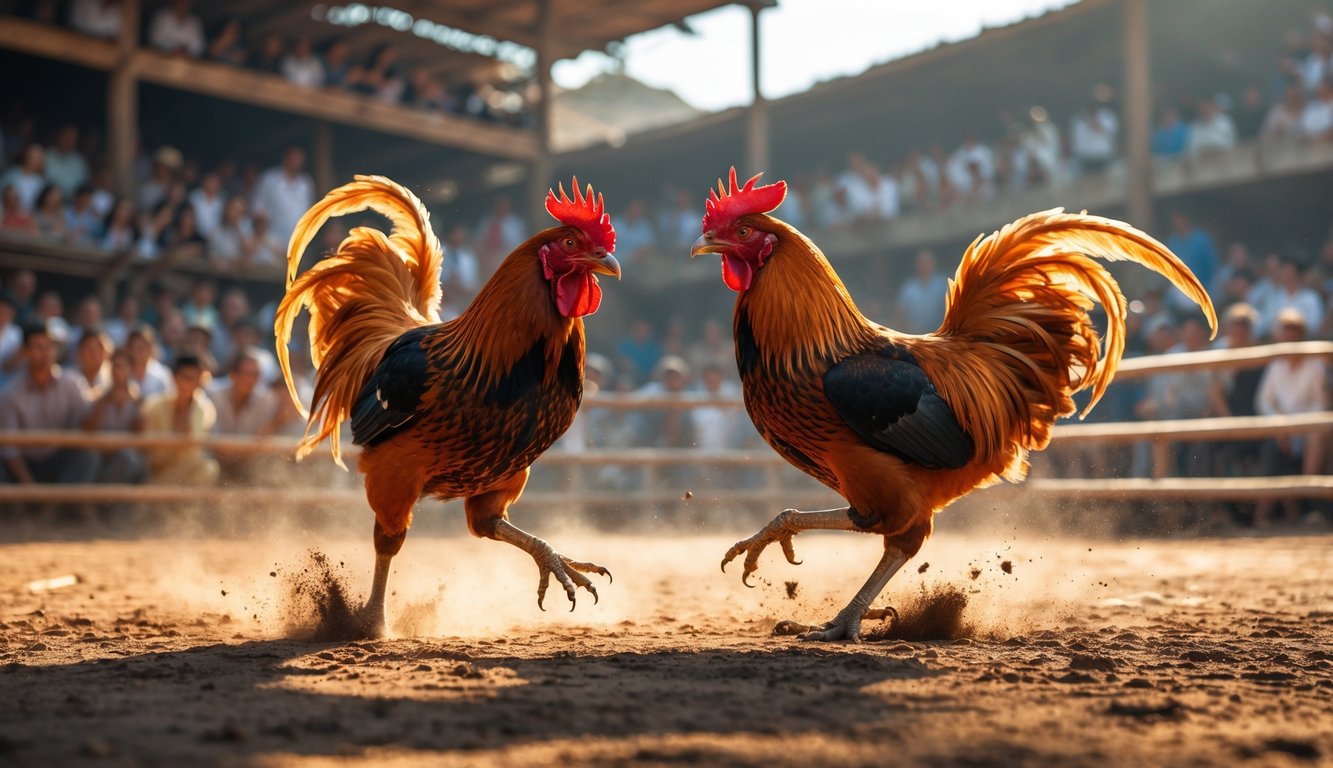 Dua ayam jantan sedang bertarung di arena dengan penonton yang antusias di latar belakang.