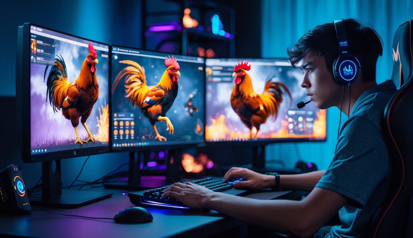 Seorang pemain profesional sedang fokus bermain permainan sabung ayam online di depan beberapa monitor komputer dengan animasi ayam jago bertarung di layar.