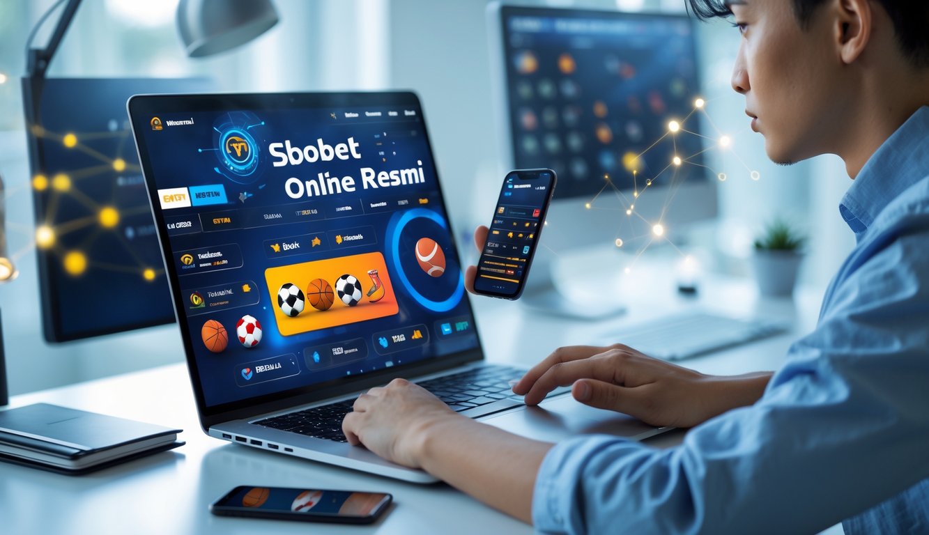 Seorang dewasa muda menggunakan laptop dan ponsel di ruang kerja modern dengan layar yang menampilkan antarmuka taruhan olahraga.