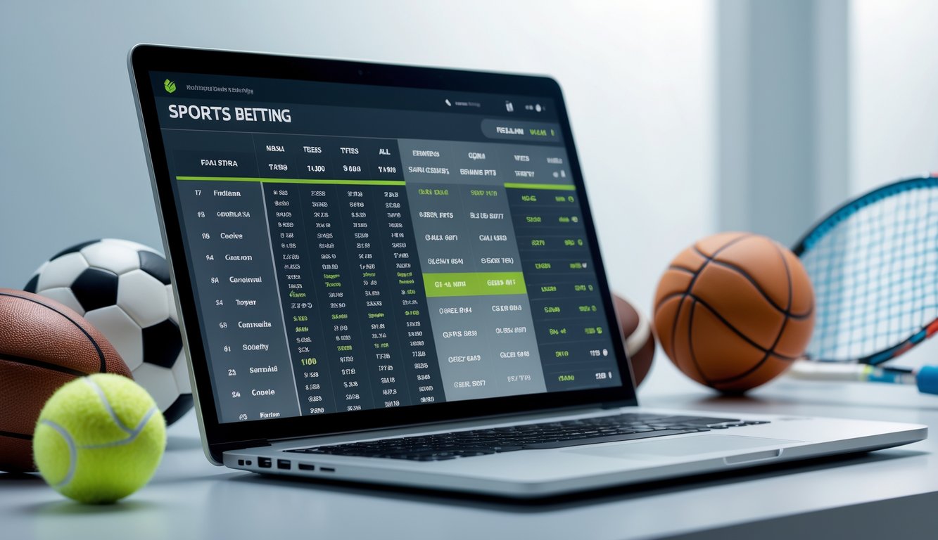 Seorang pengguna melihat jadwal pertandingan olahraga di layar laptop dengan bola sepak, bola basket, dan raket tenis di sekitar meja.