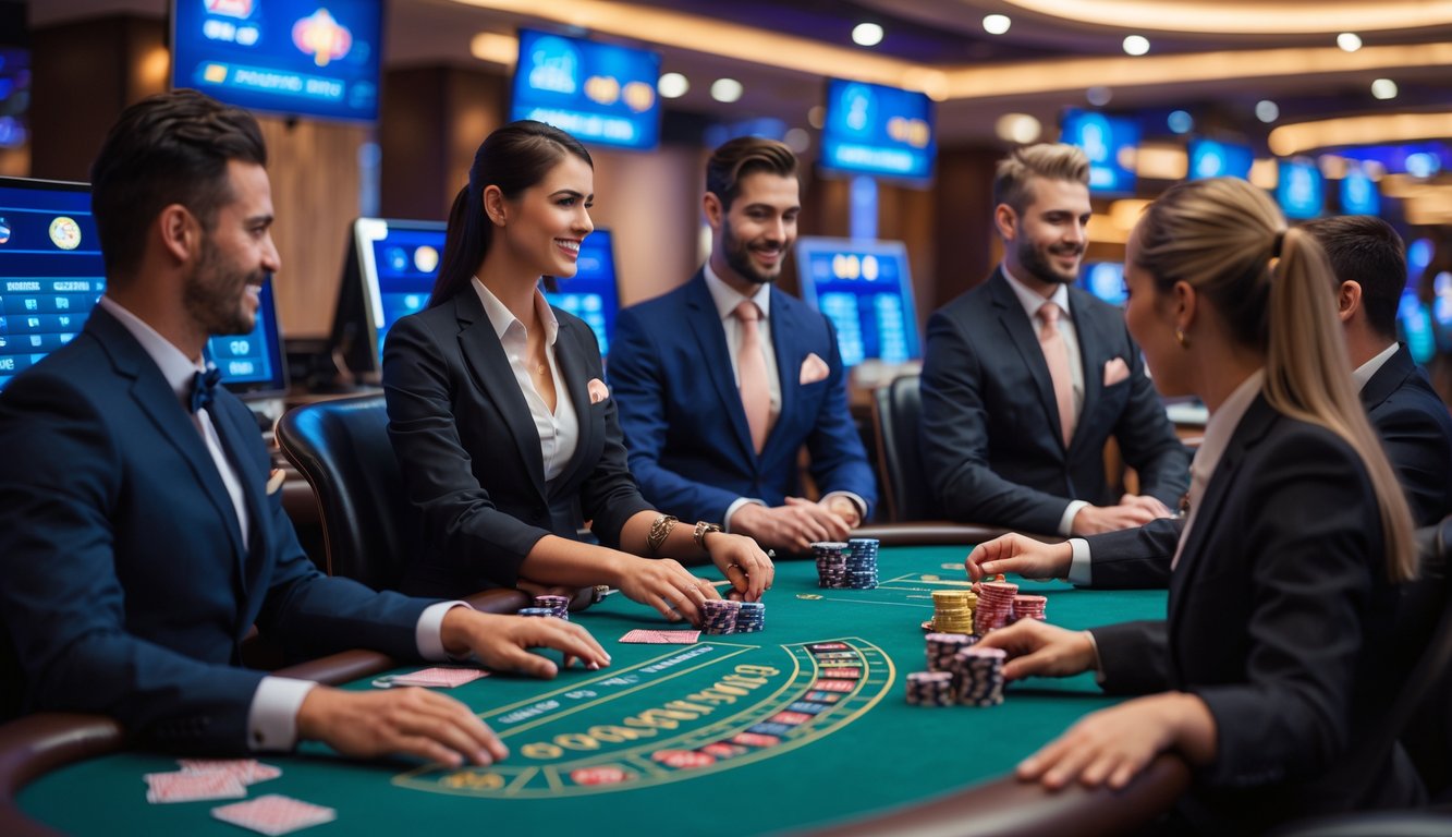 Seorang dealer profesional sedang mengelola meja kasino langsung dengan peralatan permainan dan layar digital di latar belakang.