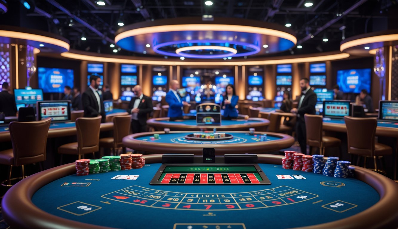Suasana kasino online langsung dengan beberapa meja permainan dan dealer yang melayani pemain.
