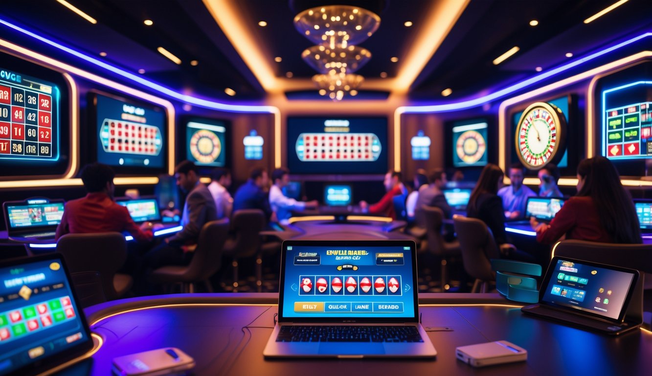 Suasana kasino online langsung dengan pemain yang menggunakan perangkat digital untuk bermain game kasino interaktif.