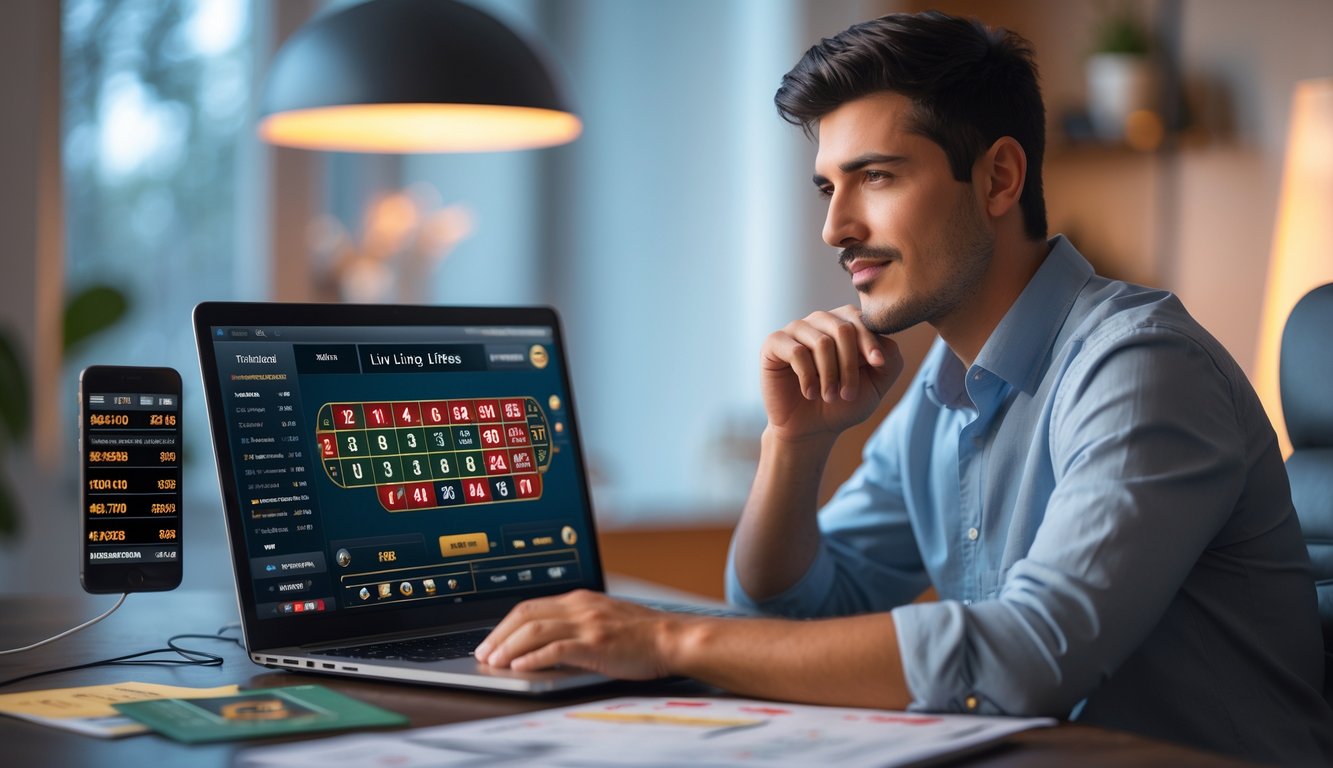 Seorang pria muda sedang duduk di meja dengan laptop yang menampilkan permainan kasino langsung, dikelilingi oleh catatan dan ponsel, tampak fokus dan berpikir.