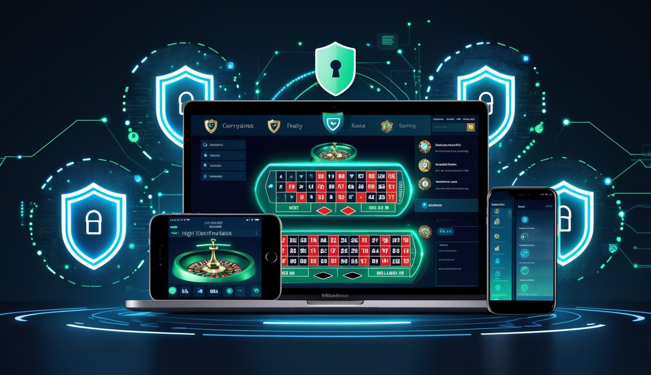 Suasana kasino online langsung dengan perangkat digital menampilkan permainan dealer langsung dan simbol keamanan data di latar belakang.