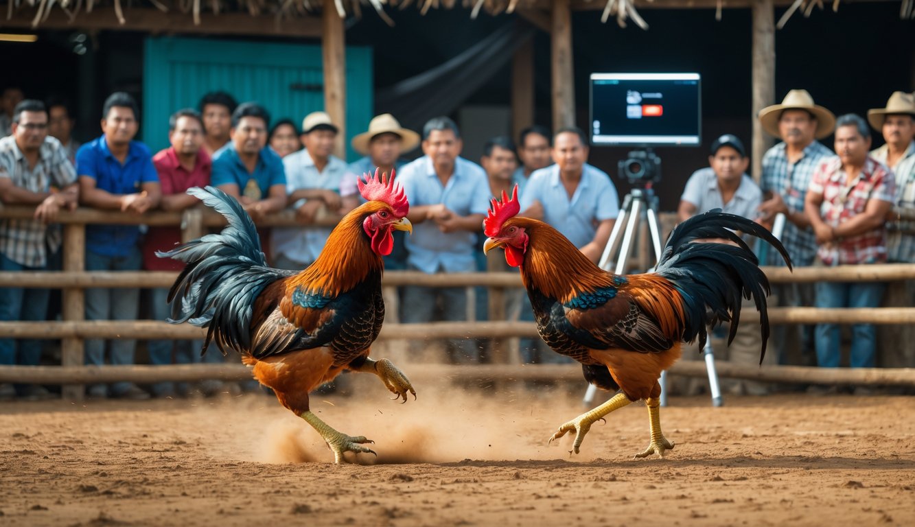 Dua ayam jago bertarung di arena dengan penonton yang menonton, serta kamera dan laptop untuk siaran langsung di latar belakang.