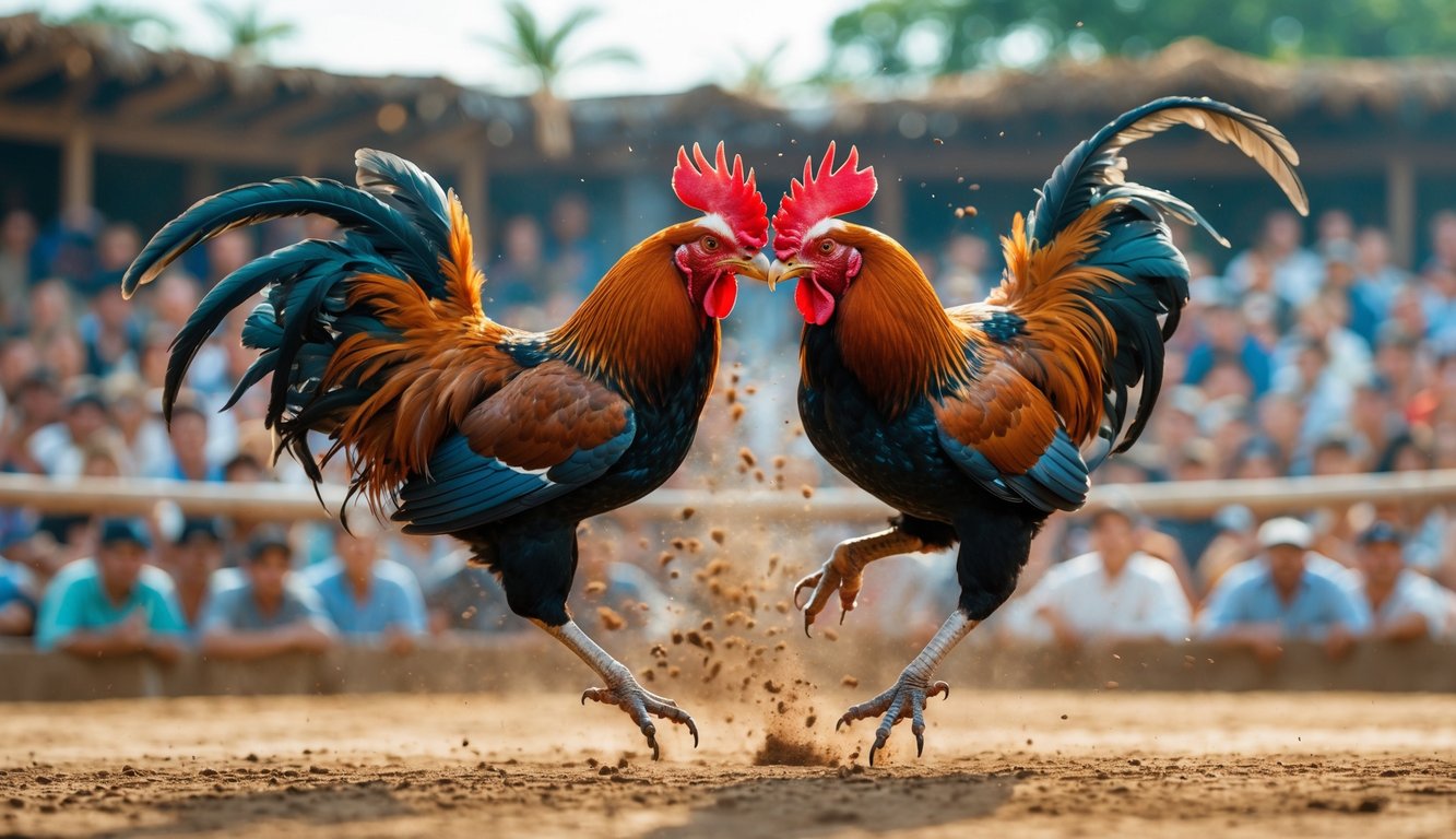 Dua ayam jago sedang bertarung di arena terbuka dengan penonton yang antusias di latar belakang.